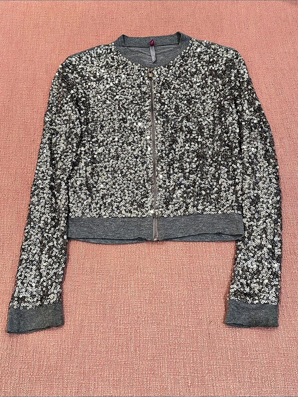 Gold tone Sequin lightweight sweater zip Jacket in Gray & Gold